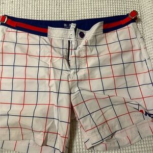 Men's Grid Pattern Swim Shorts - Red and Blue